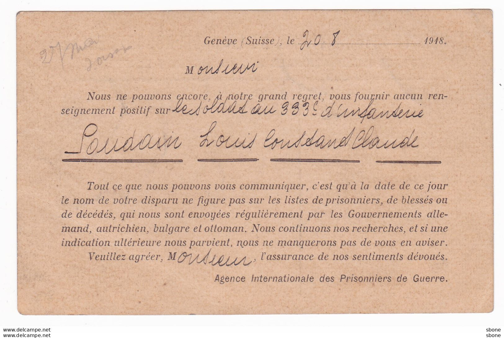 Carte En Franchise Militaire 1914 1918 - Croix Rouge - Prisonniers De Guerre - Brieven En Documenten