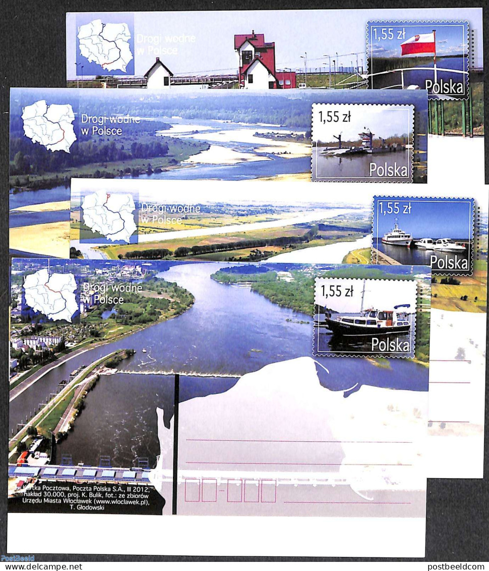 Poland 2012 Postcard Set, Canals (4 Cards), Unused Postal Stationary, Ships And Boats - Maps - Cartas & Documentos