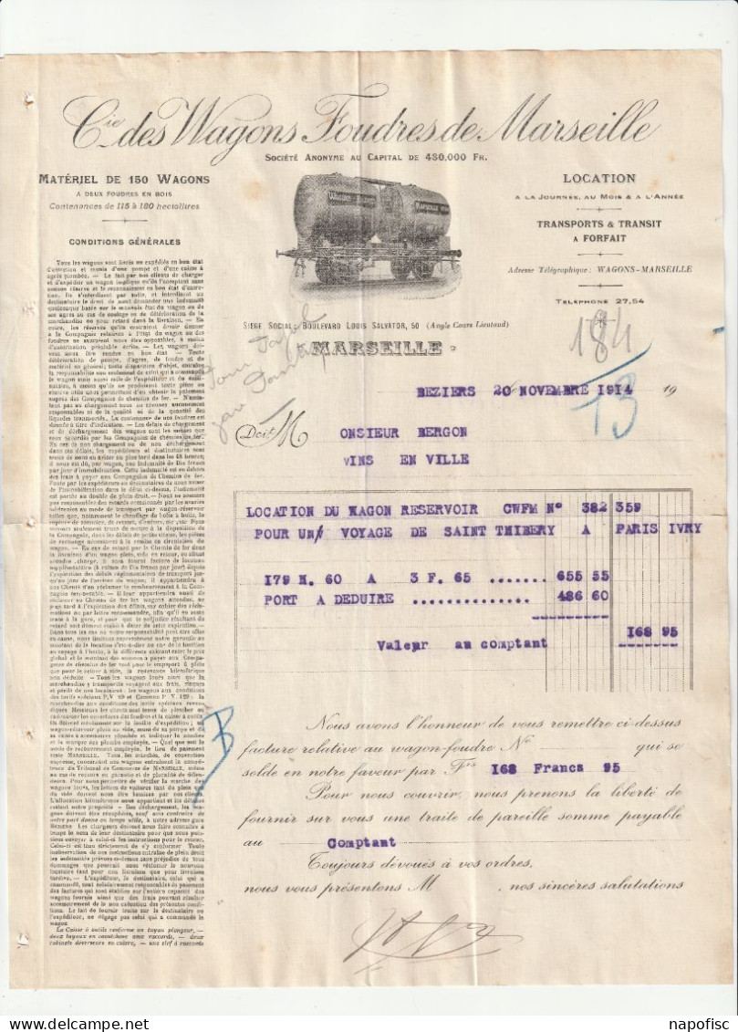 13-Compagnie Des Wagons Foudres.....Transport & Transit....Marseille...(Bouches-du-Rhône)...1914 - Verkehr & Transport