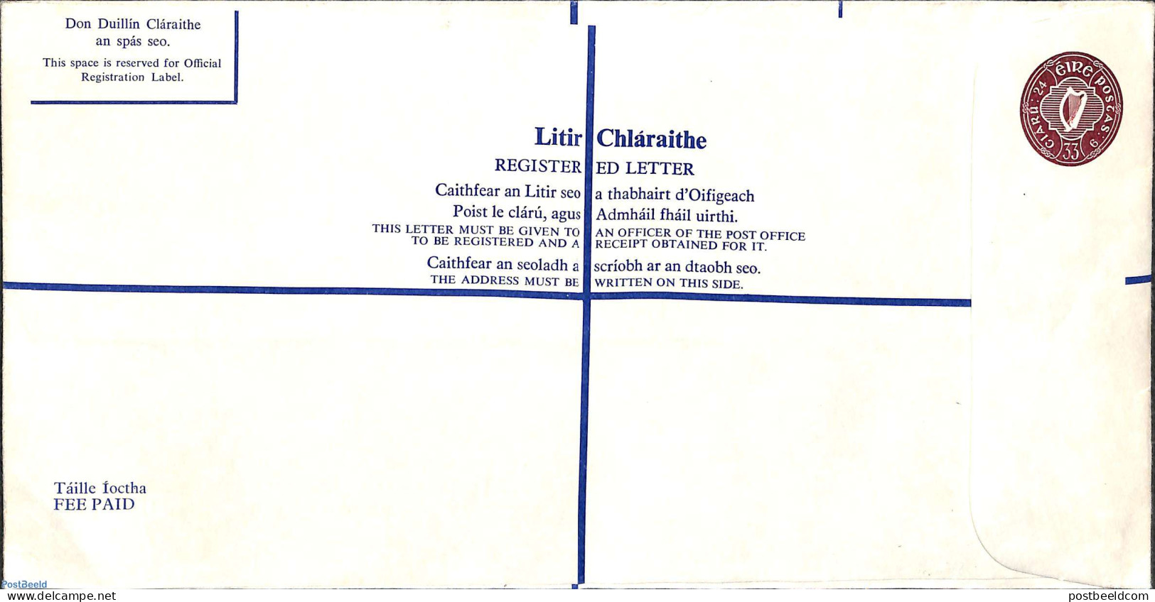Ireland 1976 Registered Letter Large, 33p, Unused Postal Stationary - Brieven En Documenten