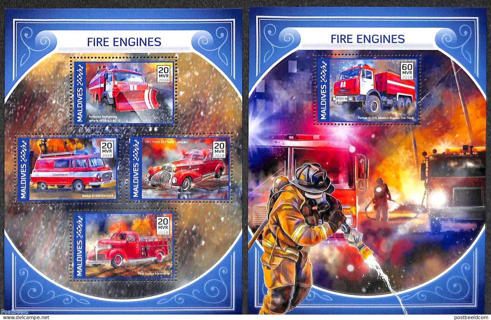 Maldives 2018 Fire Engines 2 S/s, Mint NH, Automobiles - Fire Fighters & Prevention - Cars
