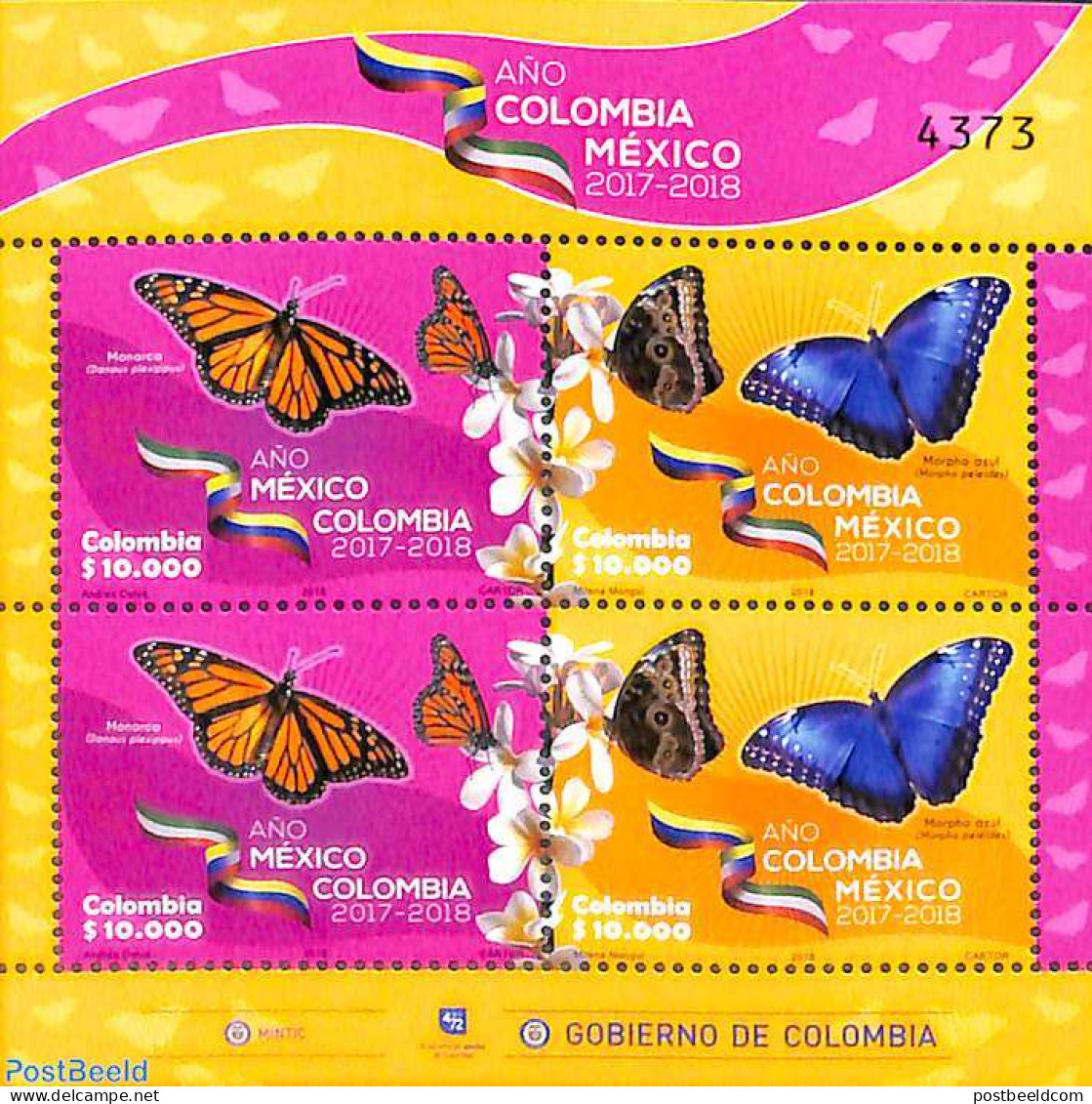 Colombia 2018 Butterflies, Colombia-Mexico Year M/s (with 2 Sets), Mint NH, Nature - Butterflies - Kolumbien