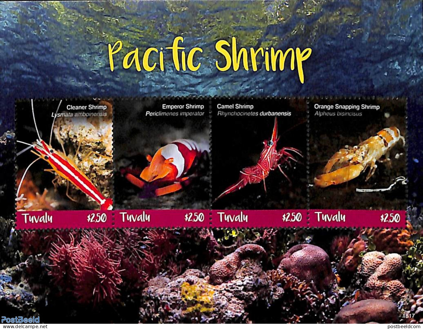 Tuvalu 2018 Pacific Shrimp 4v M/s, Mint NH, Nature - Shells & Crustaceans - Marine Life