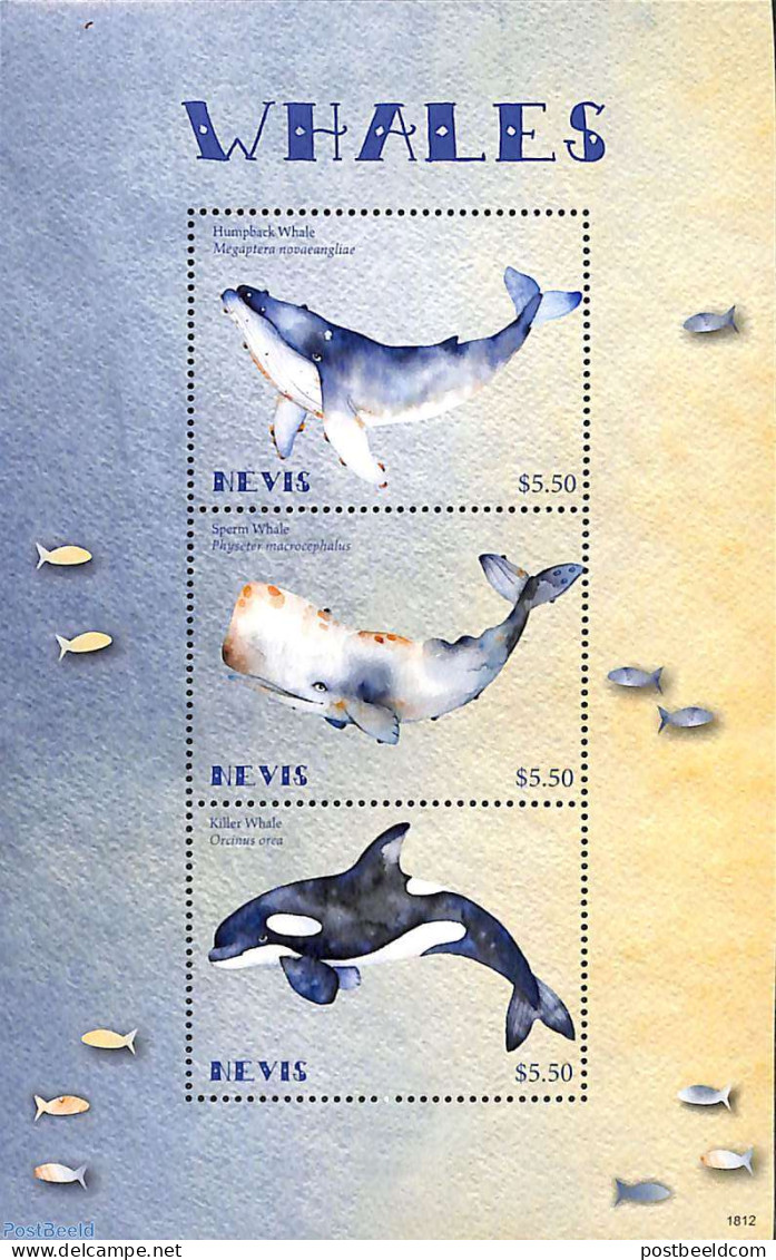 Nevis 2018 Whales 3v M/s, Mint NH, Nature - Sea Mammals - St.Kitts Und Nevis ( 1983-...)