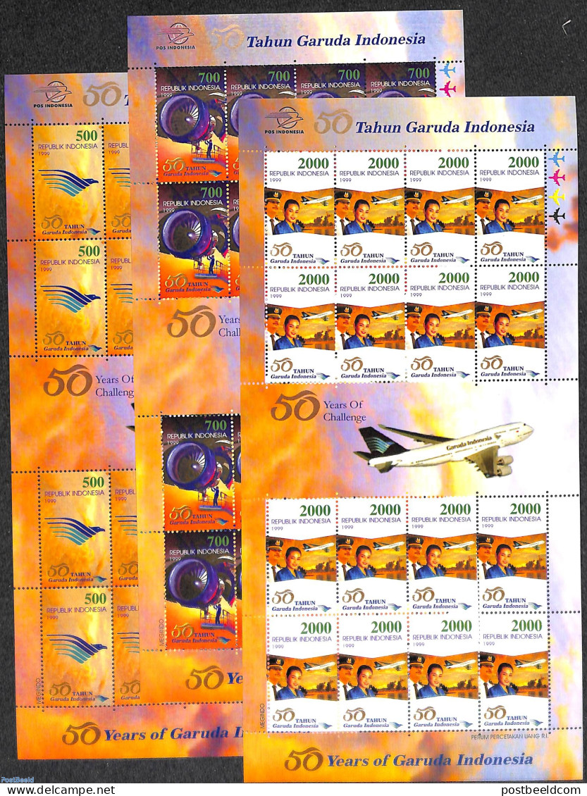Indonesia 1999 50 Years Garuda, 3 M/s, Mint NH, Aircraft & Aviation - Aerei