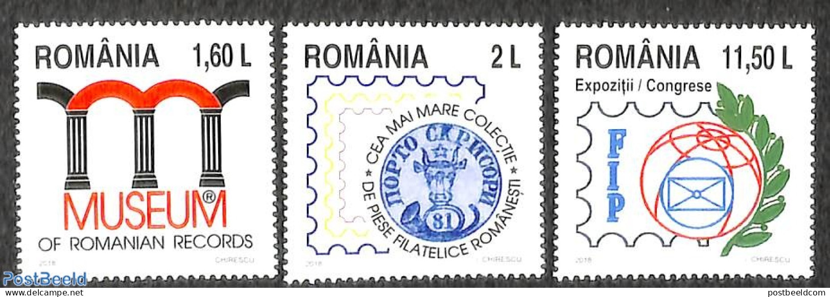 Romania 2018 Museum, Expositions 3v, Mint NH, Philately - Stamps On Stamps - Art - Museums - Nuovi