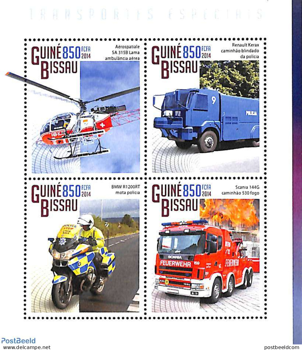 Guinea Bissau 2014 Special Transports 4v M/s, Mint NH, Transport - Automobiles - Fire Fighters & Prevention - Helicopt.. - Cars