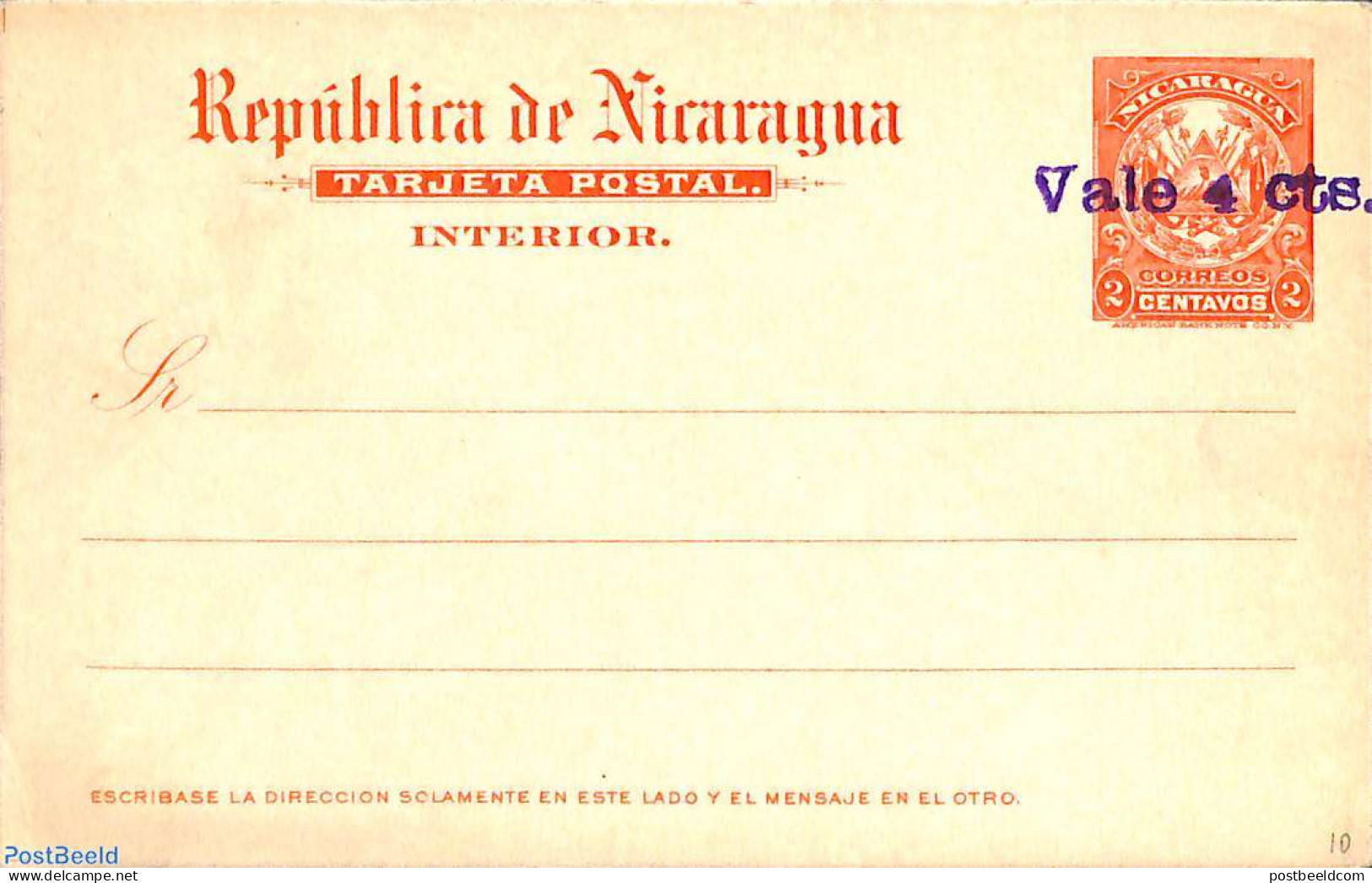 Nicaragua 1907 Postcard Vale 4 Cts. On 2c, Unused Postal Stationary - Nicaragua
