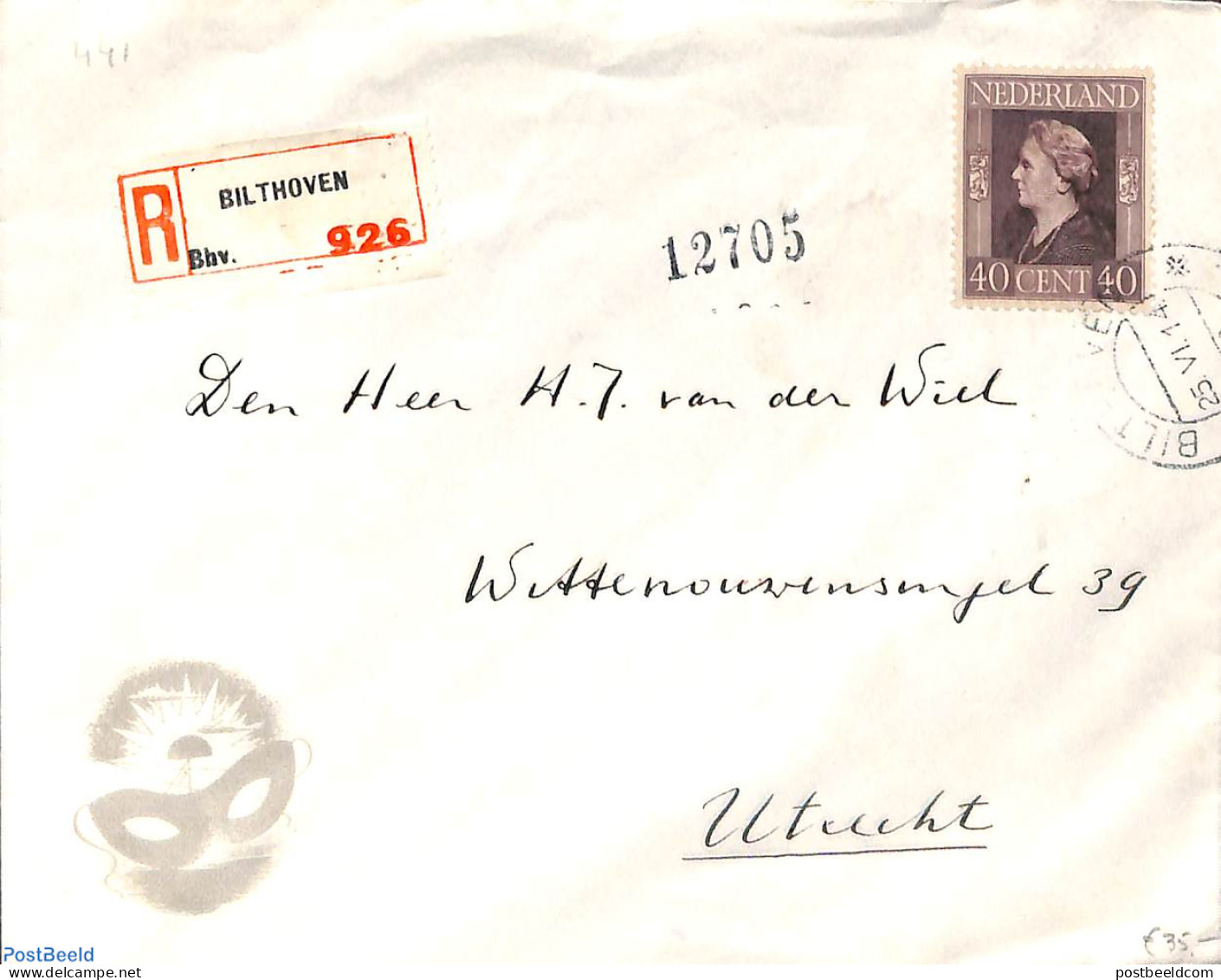 Netherlands 1946 NVPH No. 441 On Registered Letter From Bilthoven To Utrecht, Postal History - Brieven En Documenten