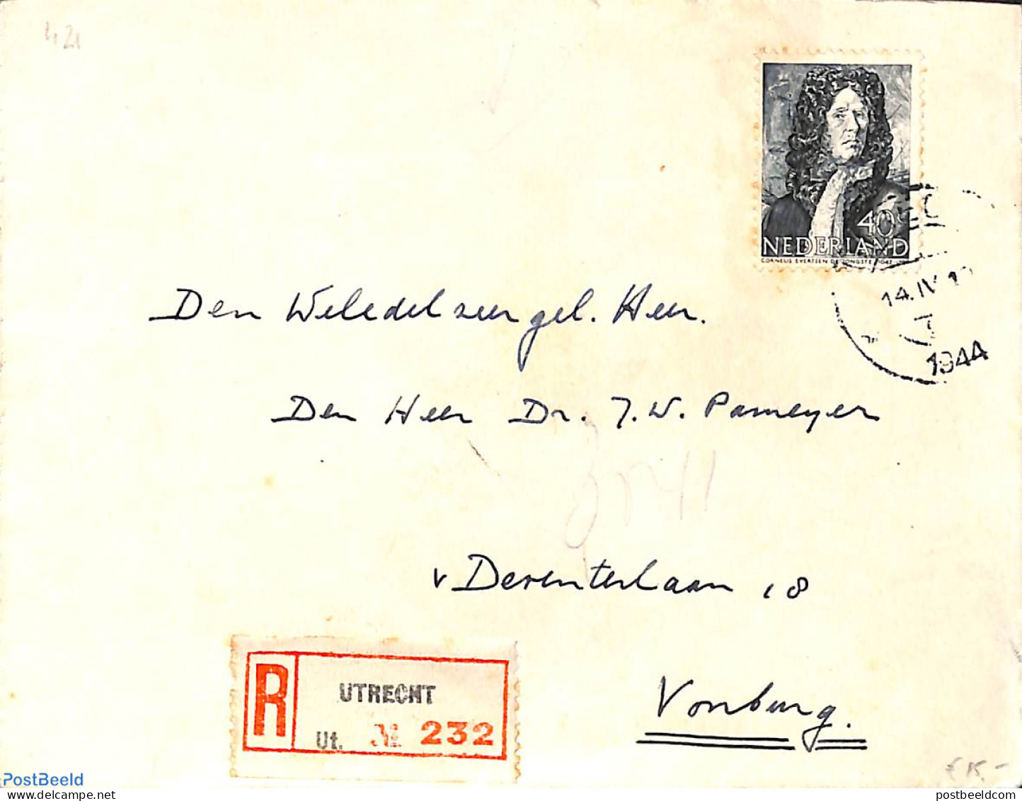 Netherlands 1944 NVPH No. 421 On Registered Letter From Utrecht To Voorburg, Brown Spots, Postal History - Covers & Documents