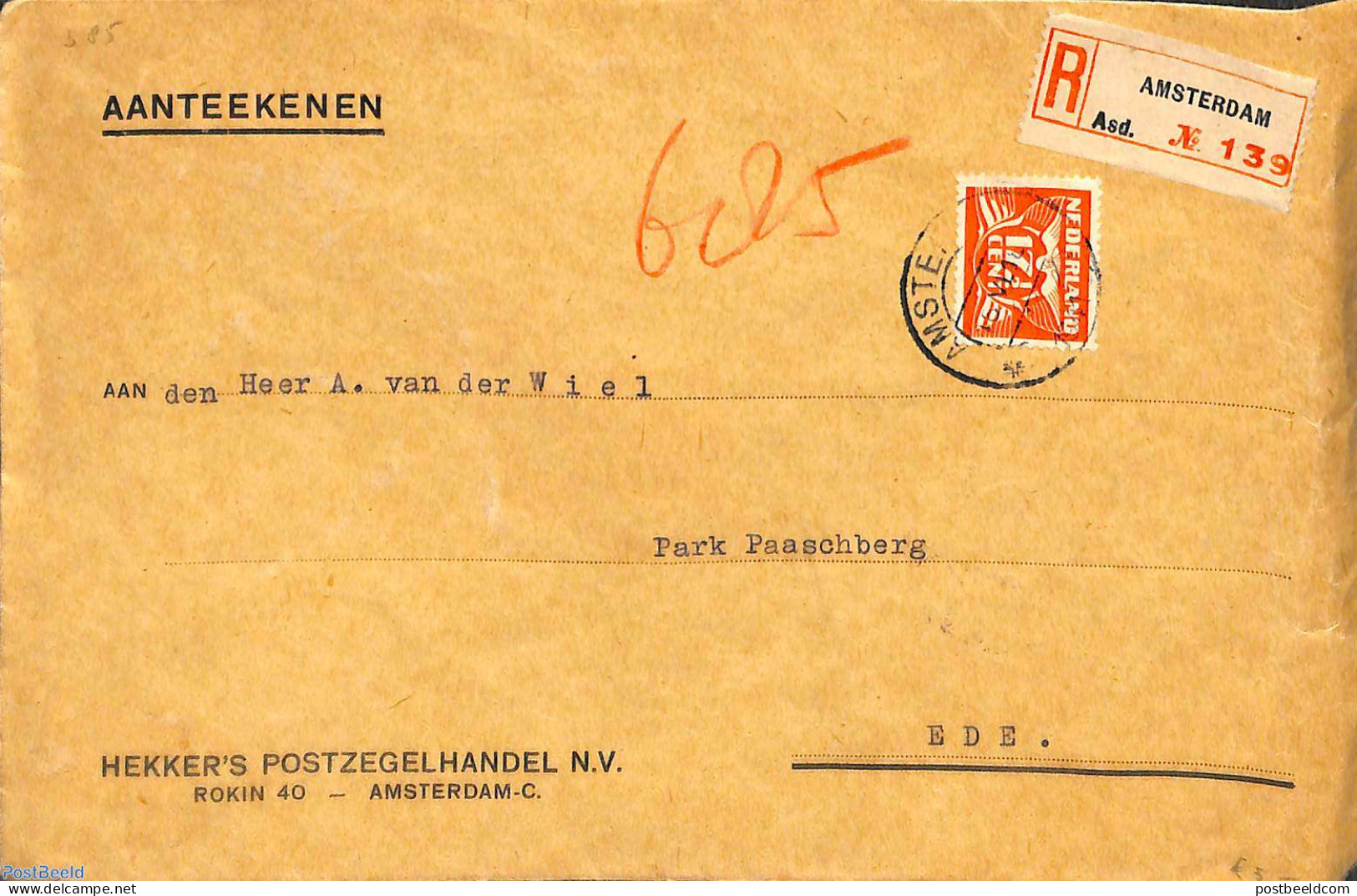 Netherlands 1941 NVPH No. 385 On Registered Letter To Ede, Postal History - Briefe U. Dokumente