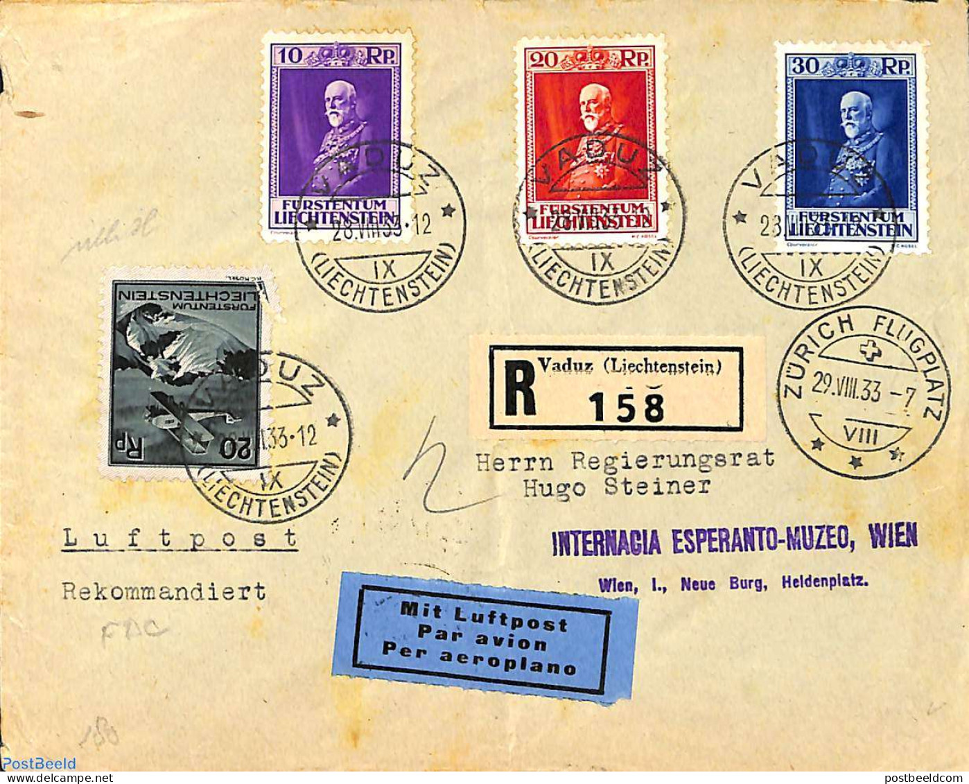 Liechtenstein 1933 Registered Airmail Letter  To Vienna, First Day Cancellation For Franz I Set (28/08/1933), First Da.. - Brieven En Documenten