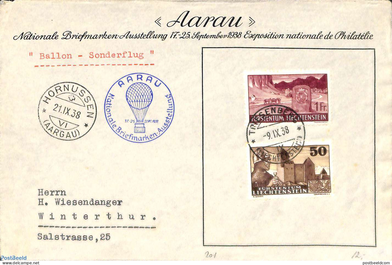 Liechtenstein 1938 Balloon Flight Cover, Postal History, Balloons - Brieven En Documenten