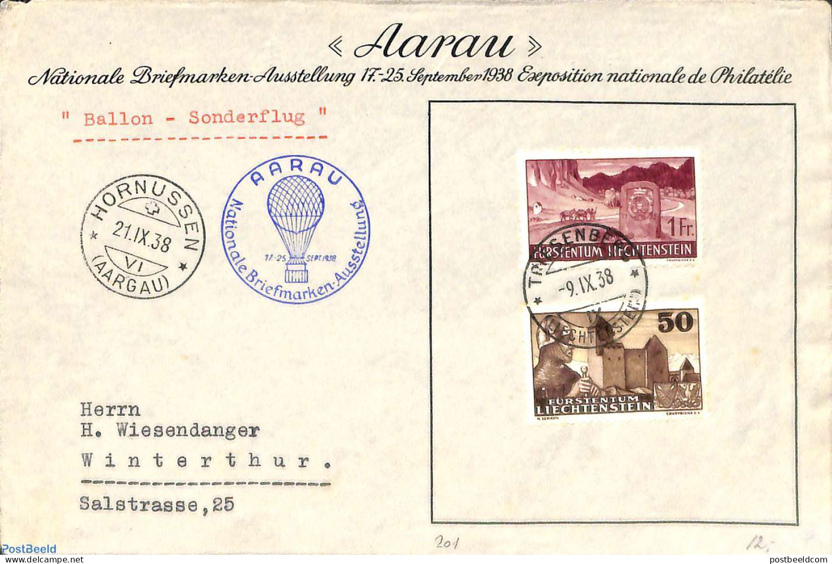 Liechtenstein 1938 Balloon Flight Cover, Postal History, Balloons - Cartas & Documentos