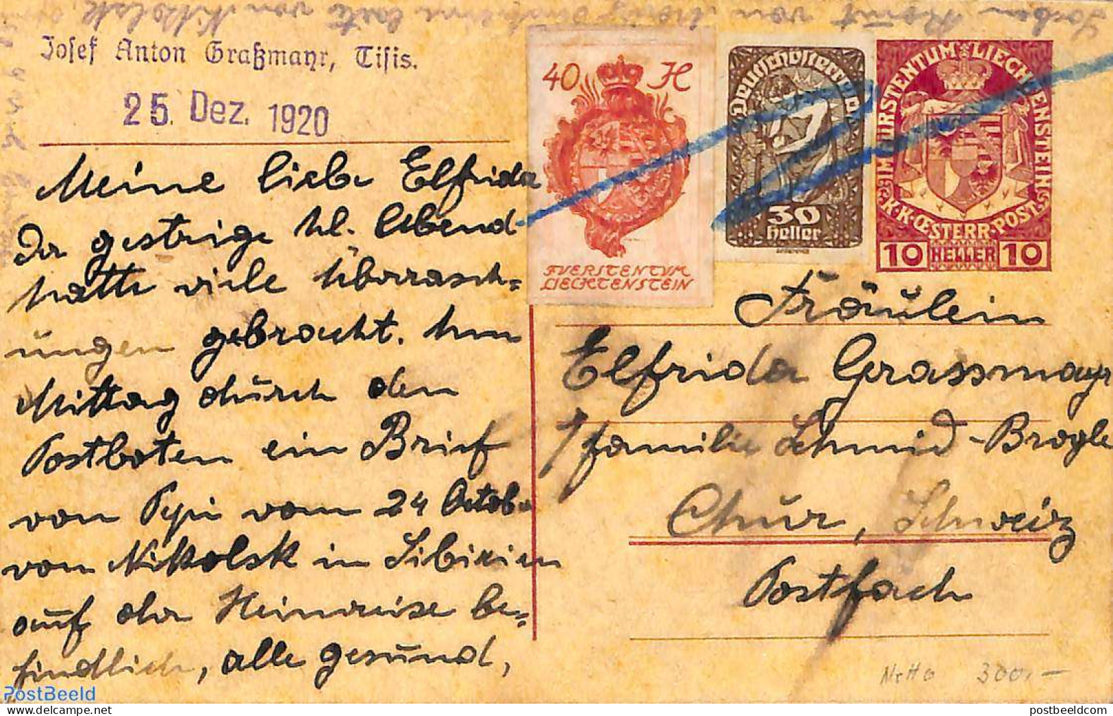 Liechtenstein 1930 Postcard  Kloster Schellenberg 20Rp, Uprated To Express Mail, Used Postal Stationary - Covers & Documents