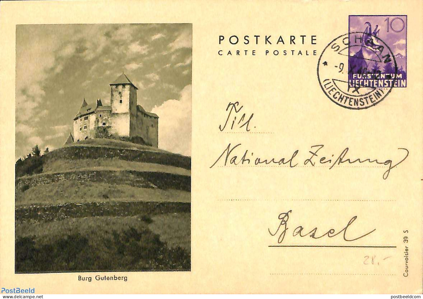 Liechtenstein 1940 Postcard 10Rp, Burg Gutenberg To Bazel, Used Postal Stationary, Animals (others & Mixed) - Castles .. - Brieven En Documenten