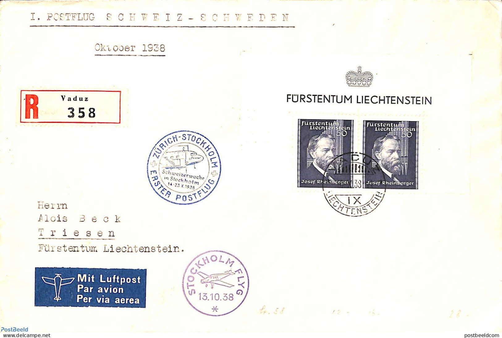Liechtenstein 1938 First Flight Zürich-Stockholm, Postal History, Transport - Aircraft & Aviation - Storia Postale