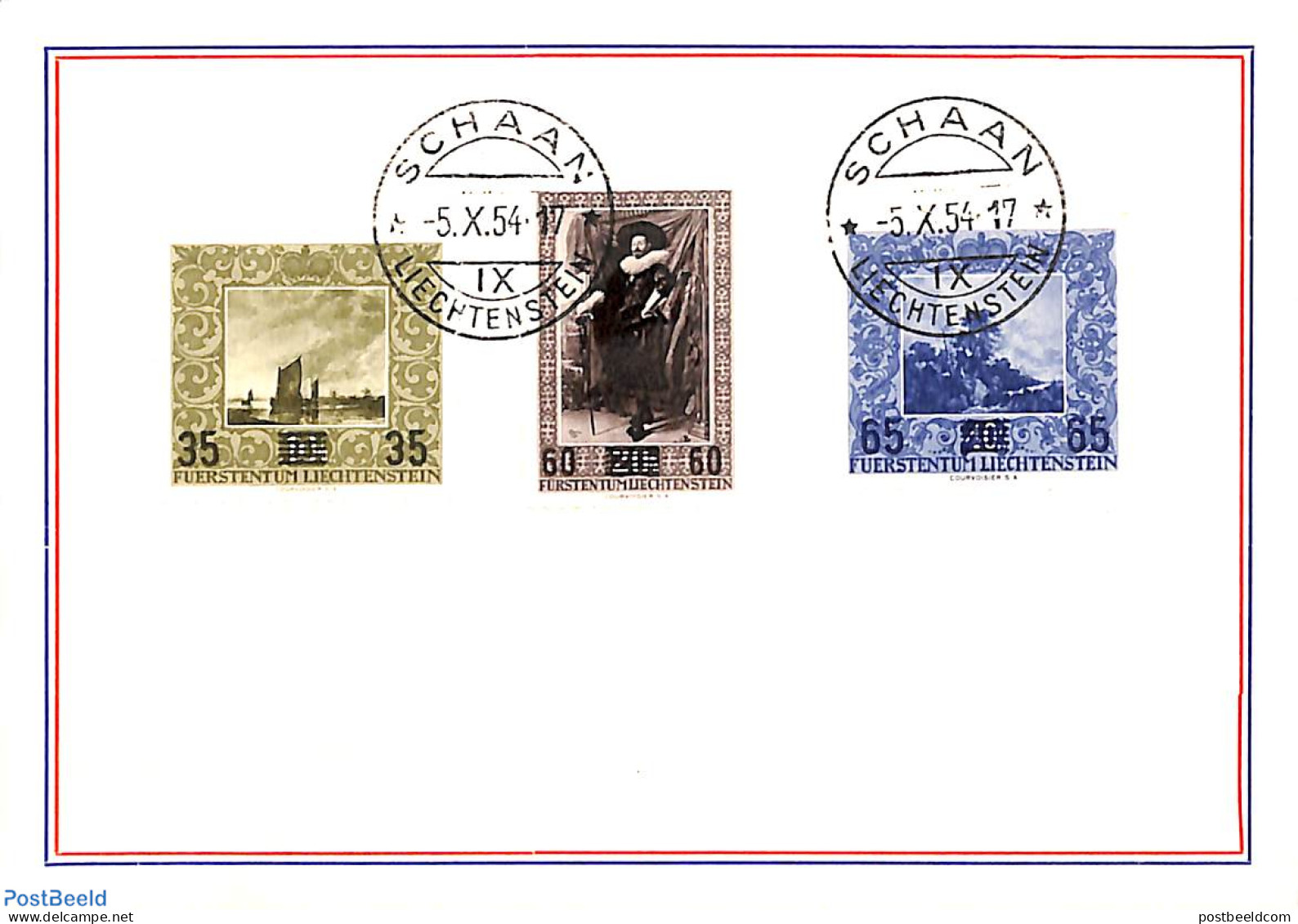 Liechtenstein 1954 Souvenir Card With Cancelled Set SCHAAN, Postal History, Paintings - Brieven En Documenten