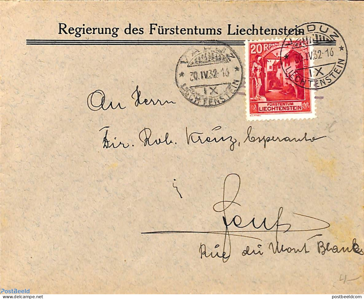 Liechtenstein 1932 Letter To Geneva With Mi.No. 97B (perf. 11.5), Postal History - Lettres & Documents