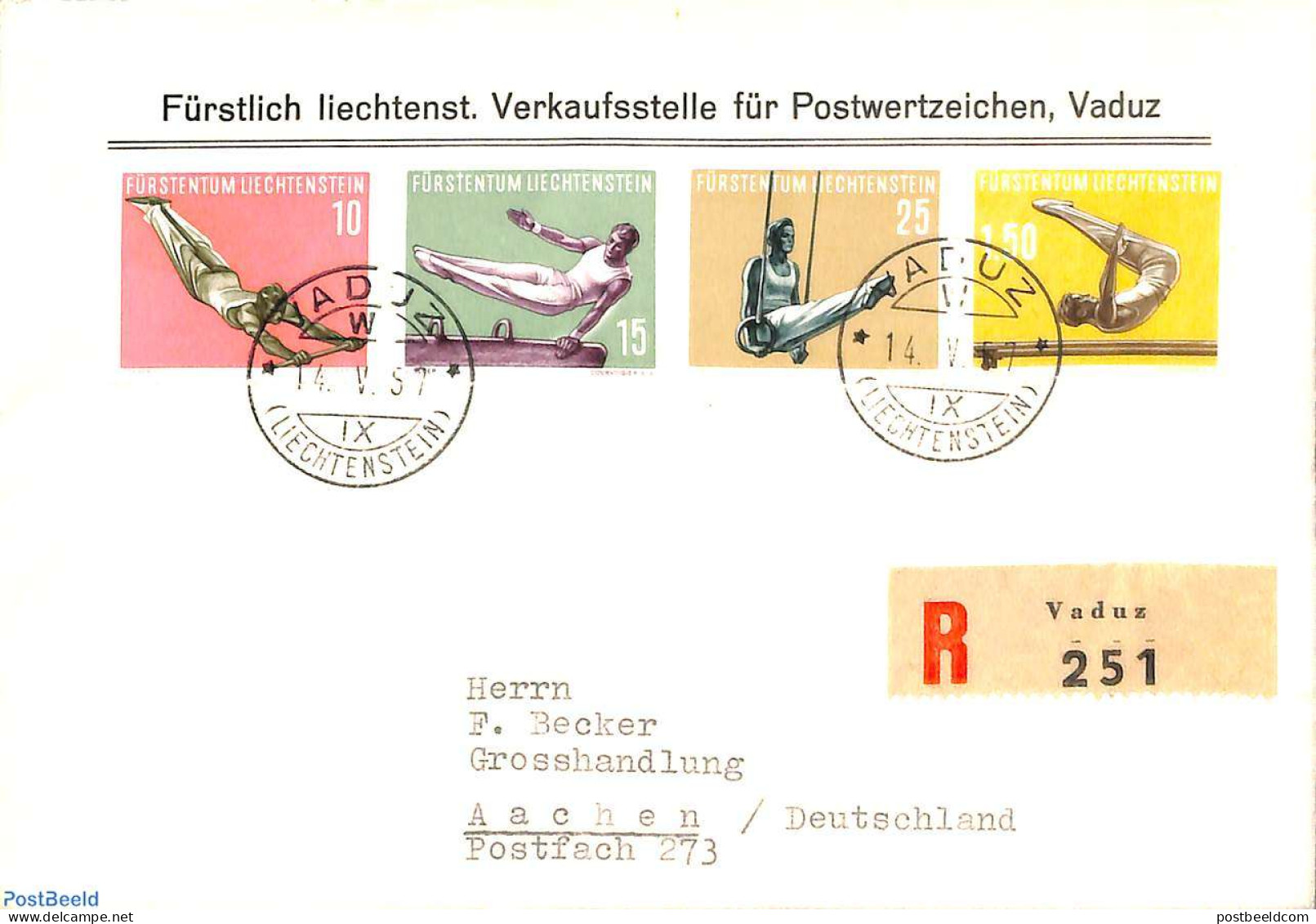 Liechtenstein 1957 Gymnastics 4v, First Day Of Issue, First Day Cover, Gymnastics - Sport (other And Mixed) - Briefe U. Dokumente
