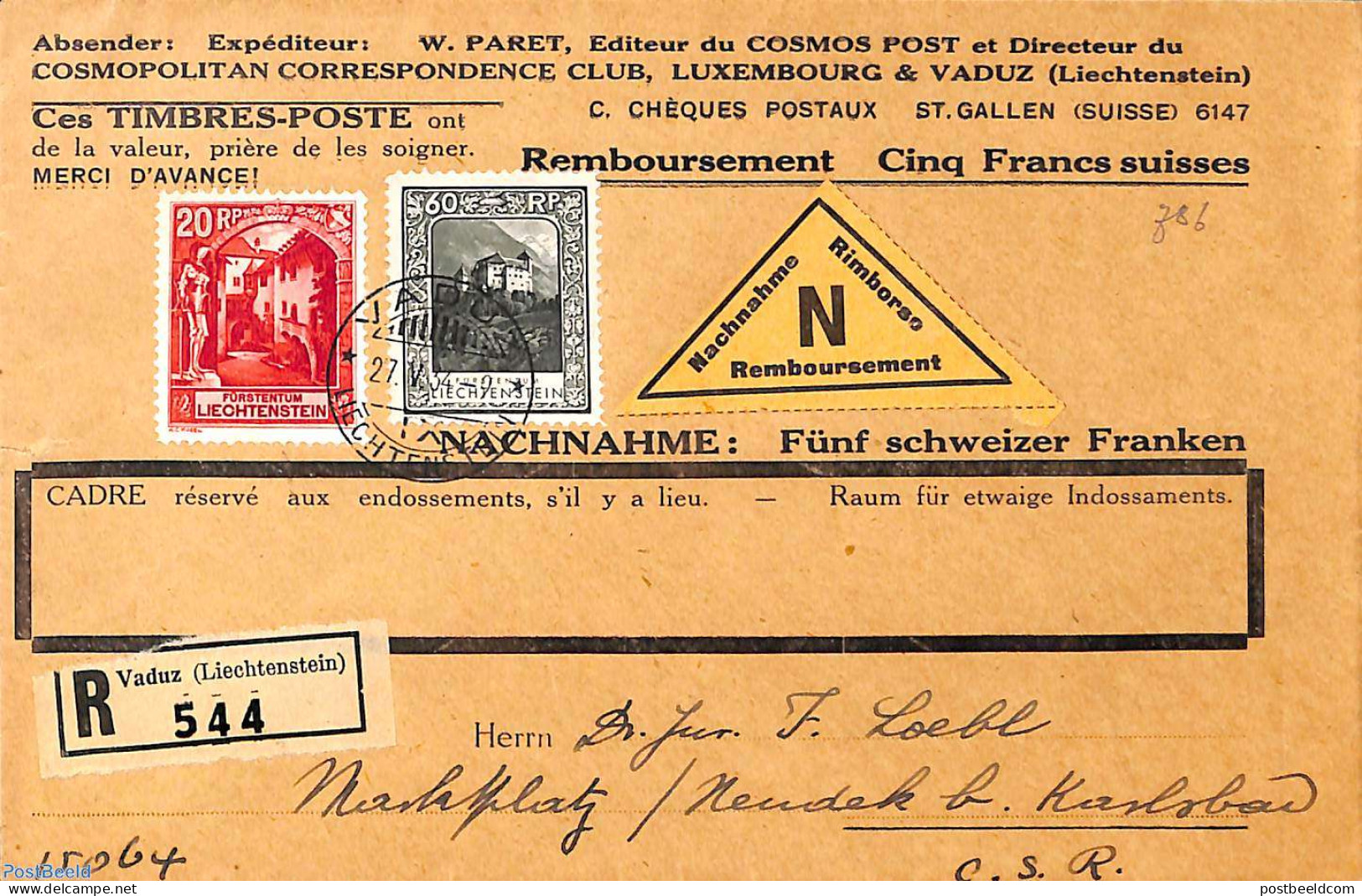 Liechtenstein 1934 Cash On Delivery Letter With Michel No. 97B And103B, Postal History - Covers & Documents