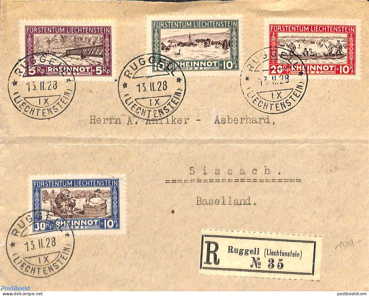 Liechtenstein 1928 Innondation Fund 4v On Front Of Registered Letter, Postal History, Water, Dams & Falls - Bridges An.. - Briefe U. Dokumente