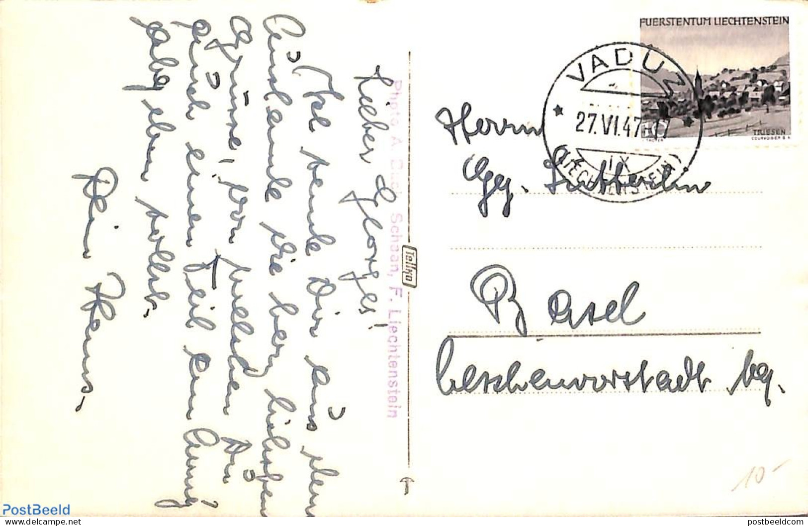 Liechtenstein 1947 Postcard To Basel, Postal History - Cartas & Documentos