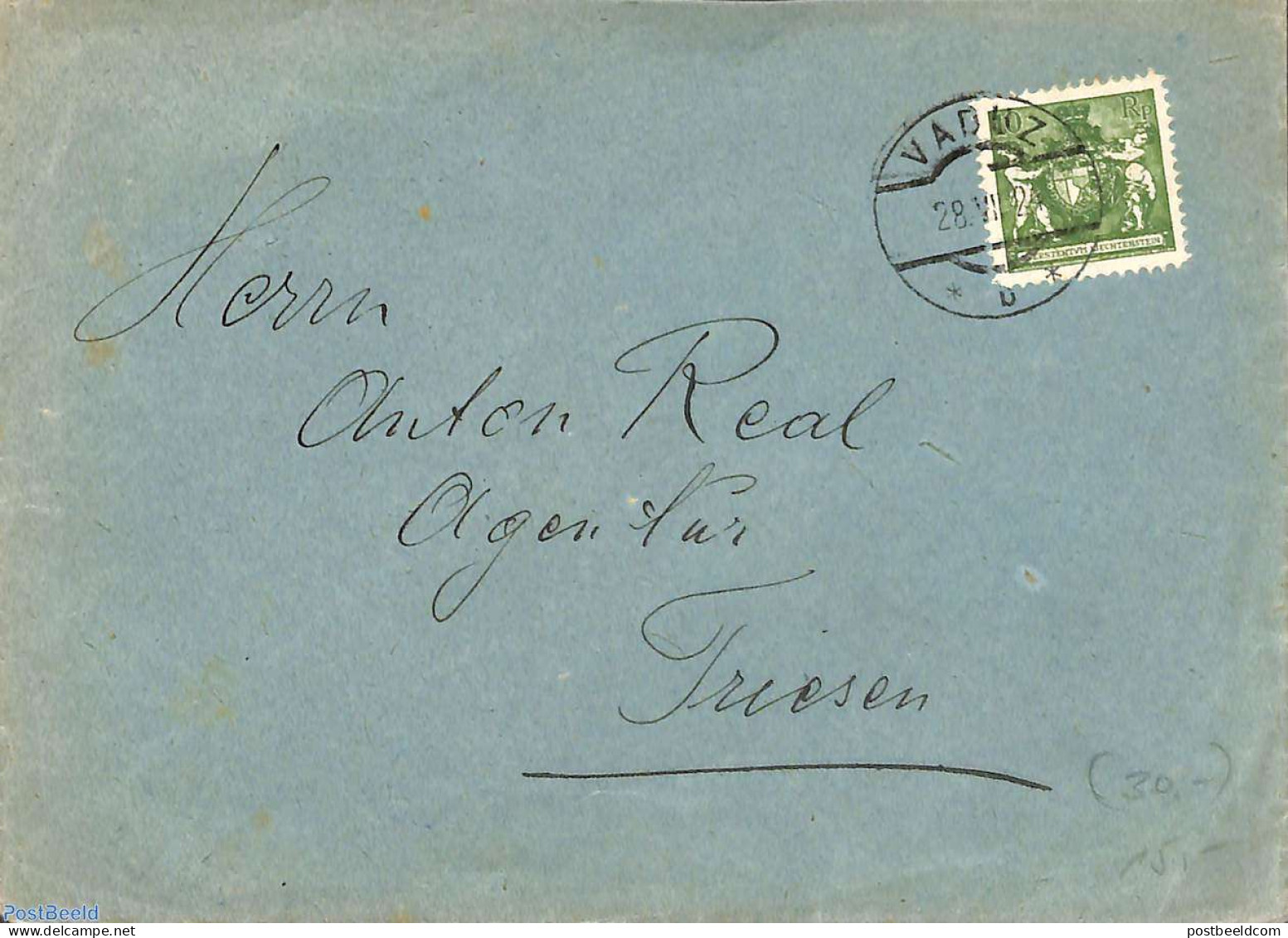 Liechtenstein 1924 Letter From Vaduz To Friesen With Mi.No. 63, Postal History - Lettres & Documents