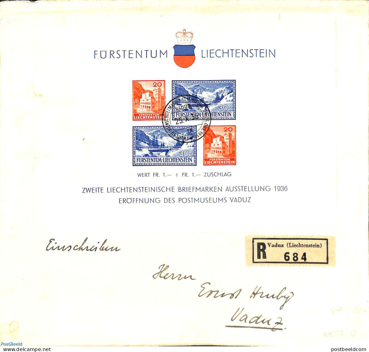 Liechtenstein 1936 Registered Letter With S/s, Postal History - Cartas & Documentos