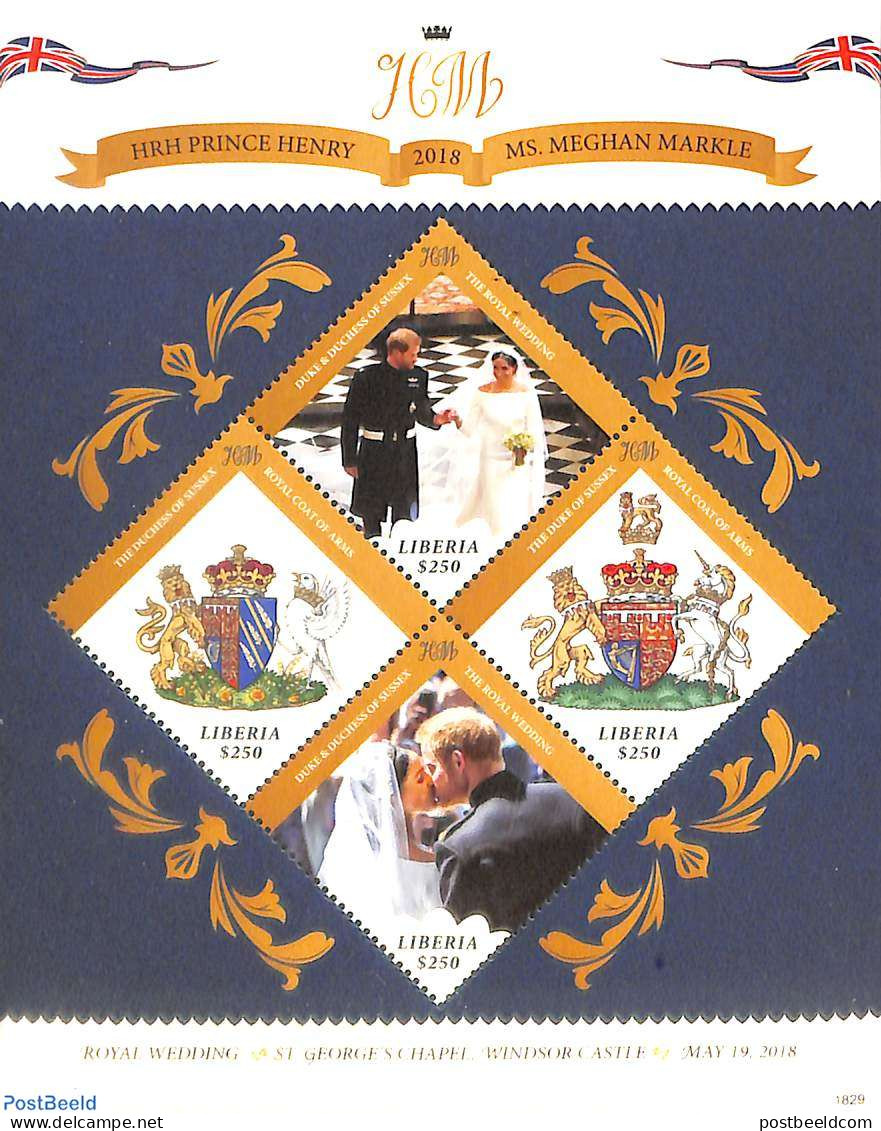 Liberia 2018 Prince Harry And Meghan Markle Wedding 4v M/s, Mint NH, History - Coat Of Arms - Kings & Queens (Royalty) - Royalties, Royals