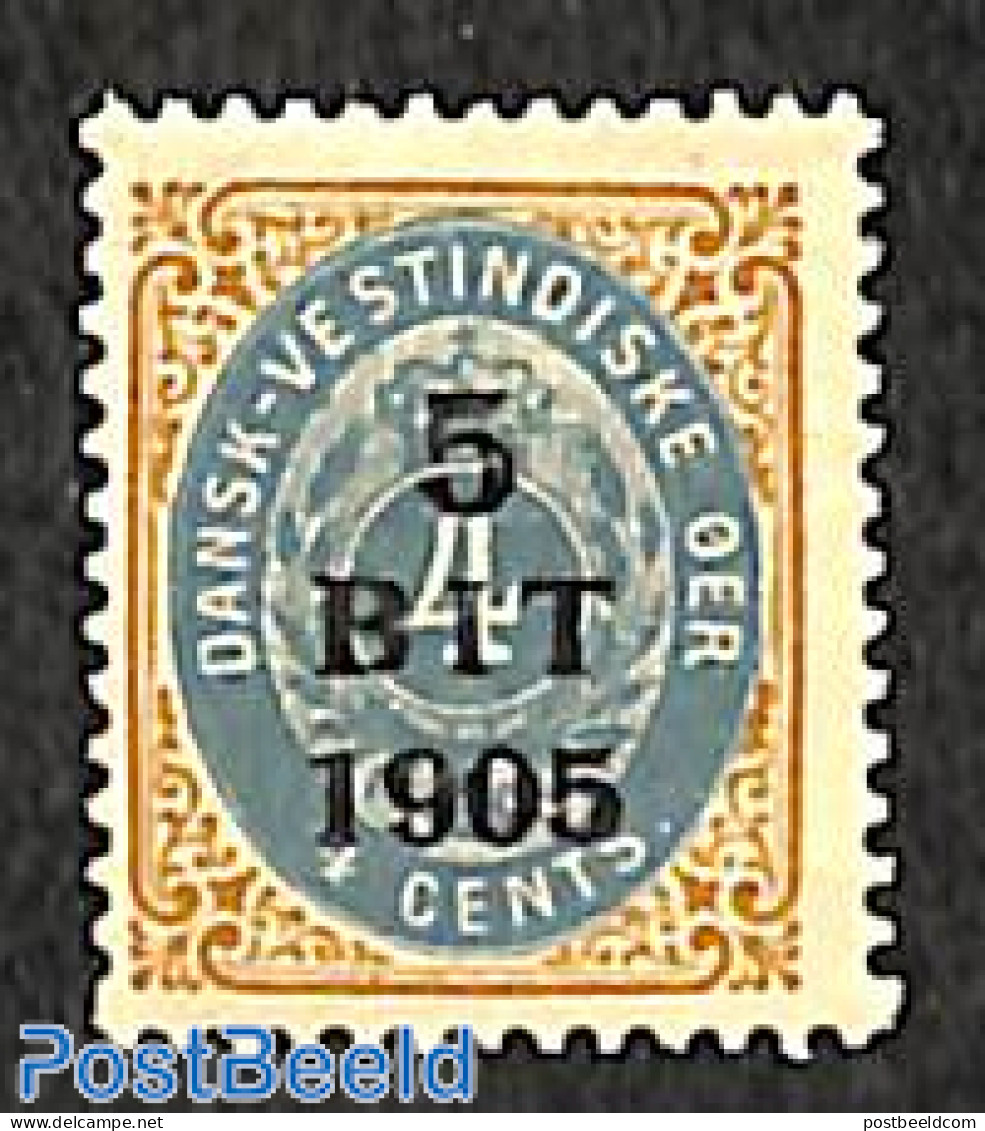 Danish West Indies 1905 5B On 4c, Type I,  Stamp Out Of Set, Unused (hinged) - Danimarca (Antille)