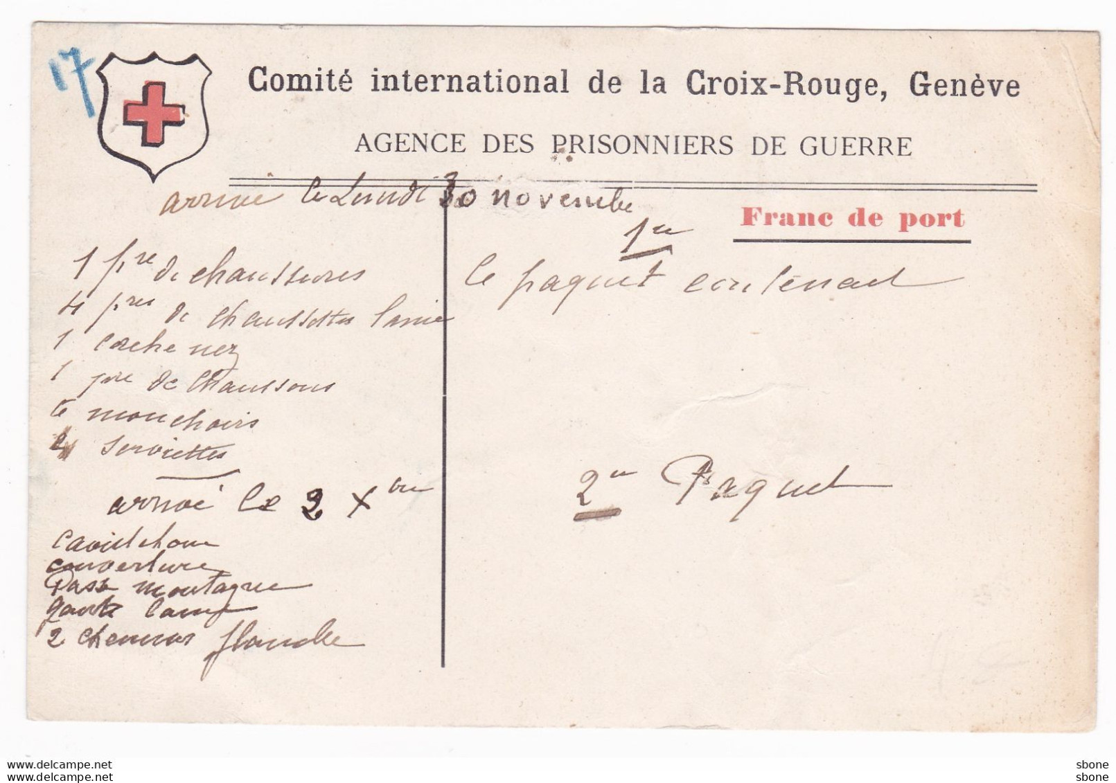 Carte En Franchise Militaire 1914 1918 - Prisonniers De Guerre - Croix Rouge Gen - Lettres & Documents