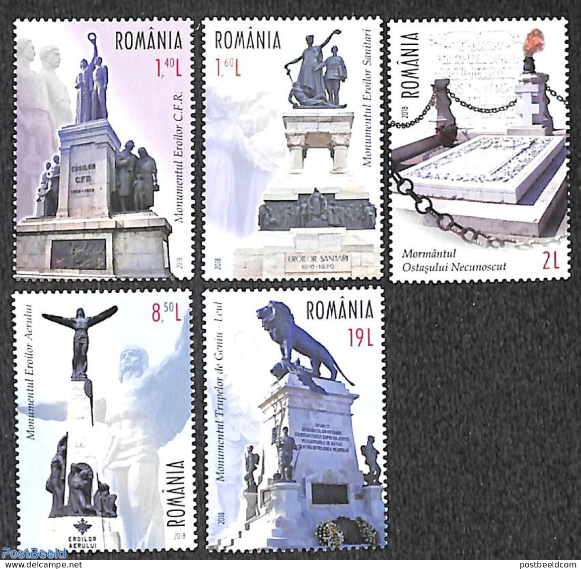 Romania 2018 Monuments Of National Heroes 5v, Mint NH, Nature - Cat Family - Art - Sculpture - Ongebruikt