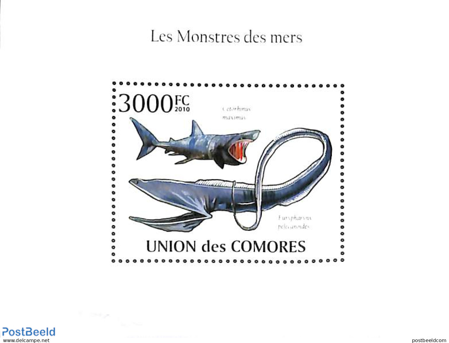 Comoros 2010 Monsters Of The Sea S/s, Mint NH, Nature - Fish - Sharks - Fische