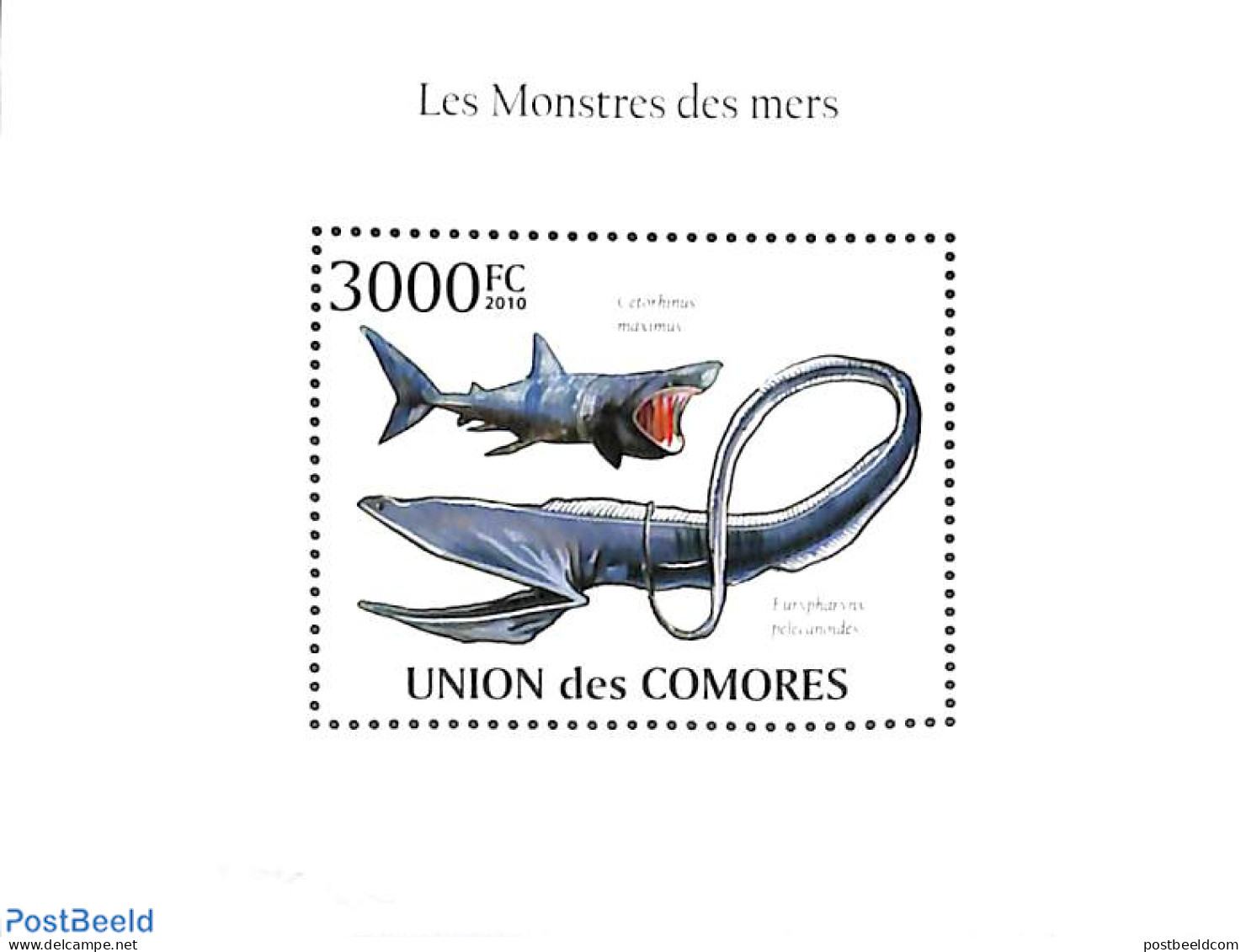 Comoros 2010 Monsters Of The Sea S/s, Mint NH, Nature - Fish - Sharks - Fishes