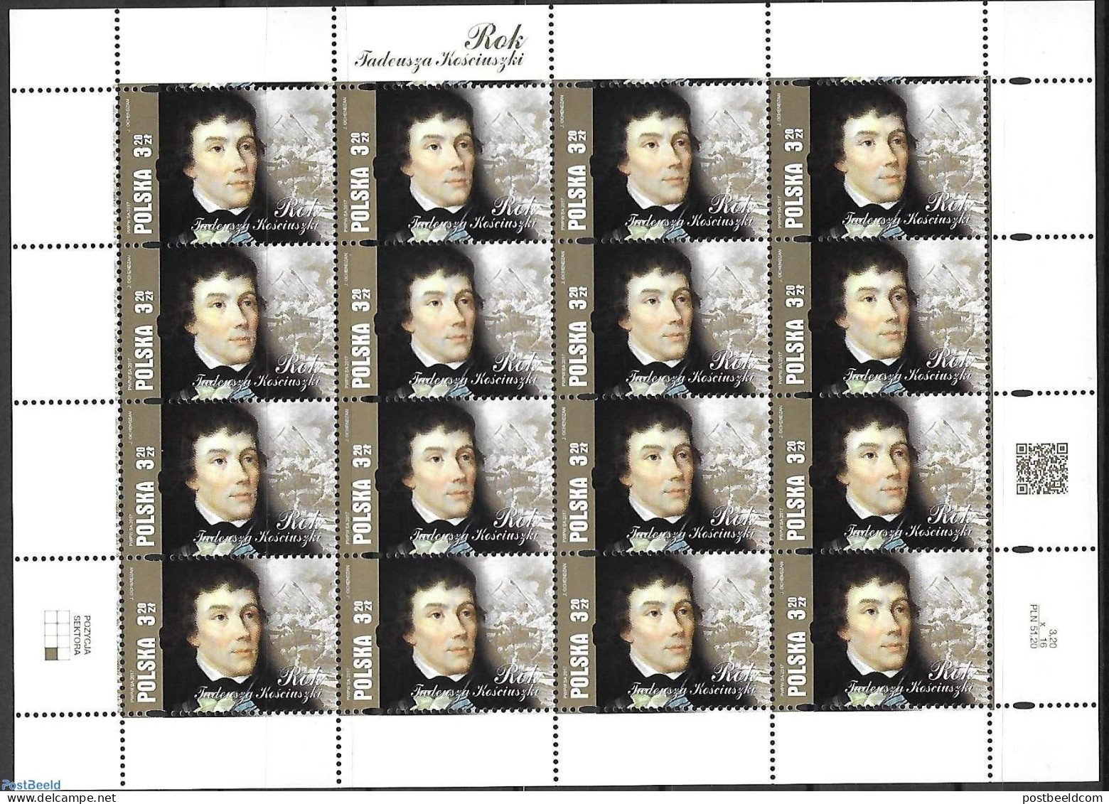 Poland 2017 Tadeusz Kosciuszko Year  Sheet 16v., Mint NH, History - Politicians - Unused Stamps