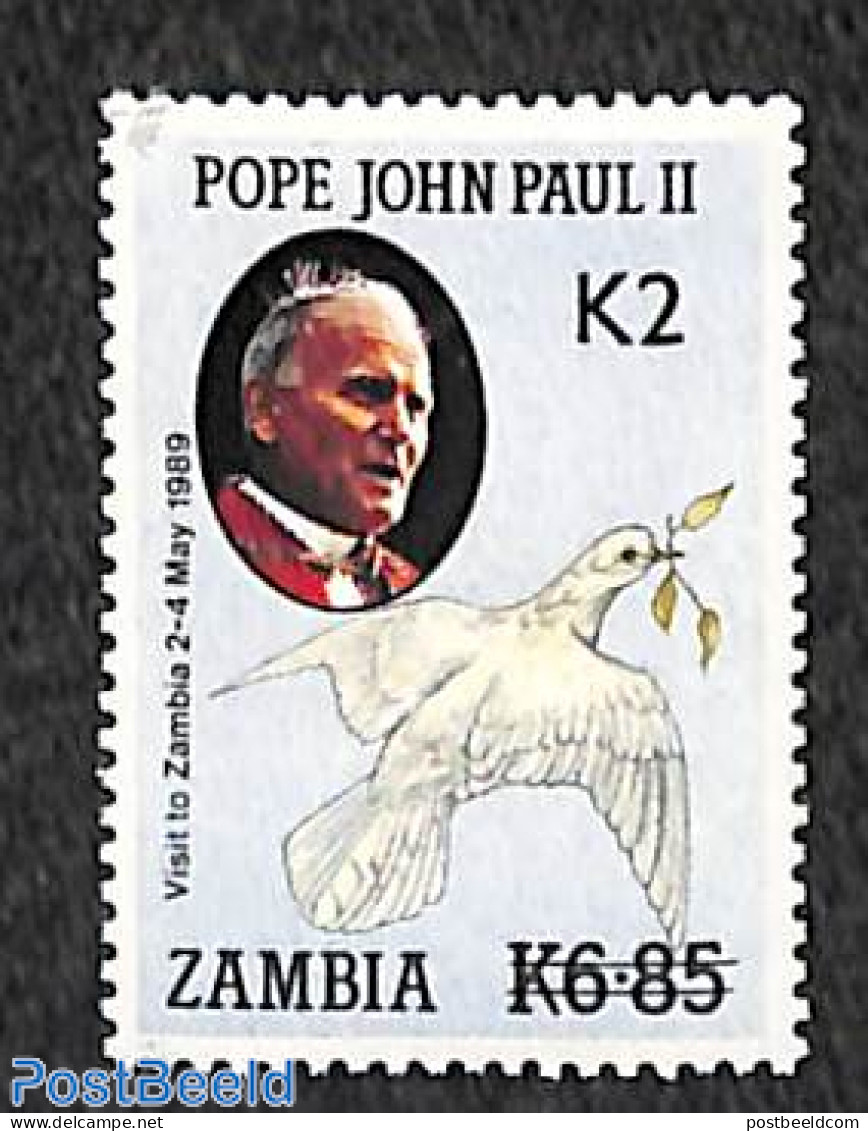 Zambia 1991 Pope's Visit 2k On 6.85k 1v, Mint NH, Nature - Religion - Birds - Pope - Religion - Pigeons - Papi