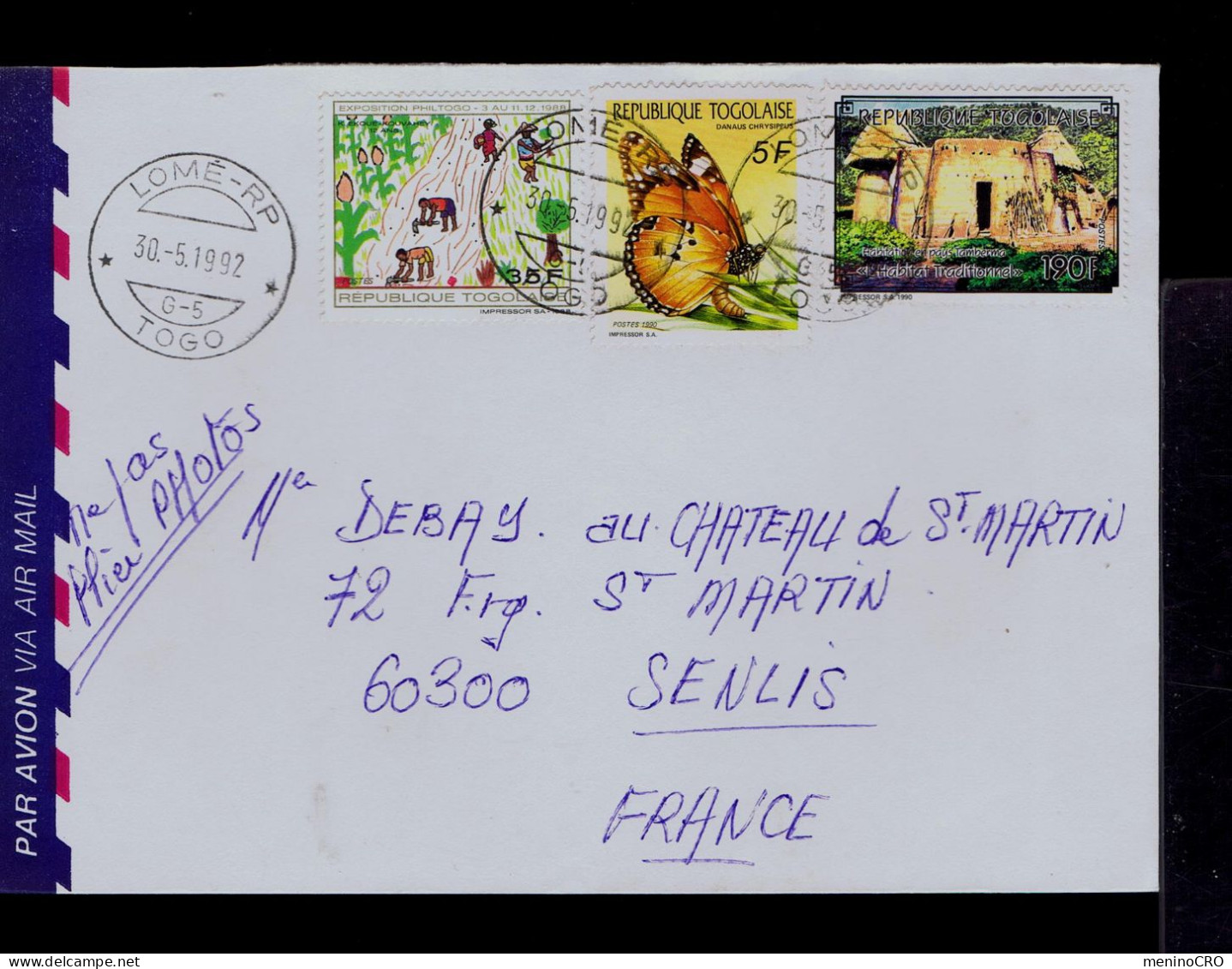 Gc8493 Rep. TOGOLAISE Butterflies Papillons Insectes Agriculture Typical Habitat Traditioneel  Mailed LOMÉ-RP »SENLIS - Agricoltura