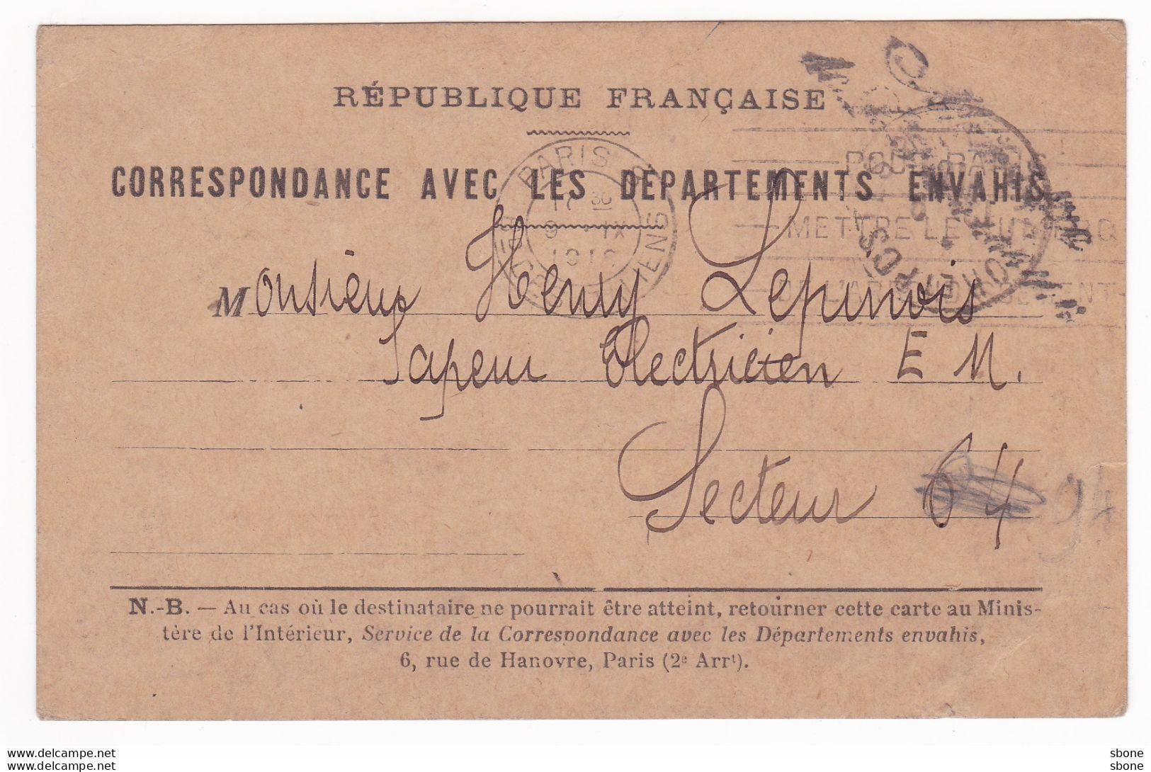 Carte En Franchise Militaire 1914 1918 - Correspondance Avec Les Départements Envahis - Cartas & Documentos
