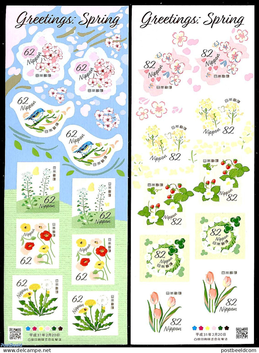 Japan 2019 Spring Greetings 20v (2 M/s) S-a, Mint NH, Nature - Birds - Flowers & Plants - Ongebruikt