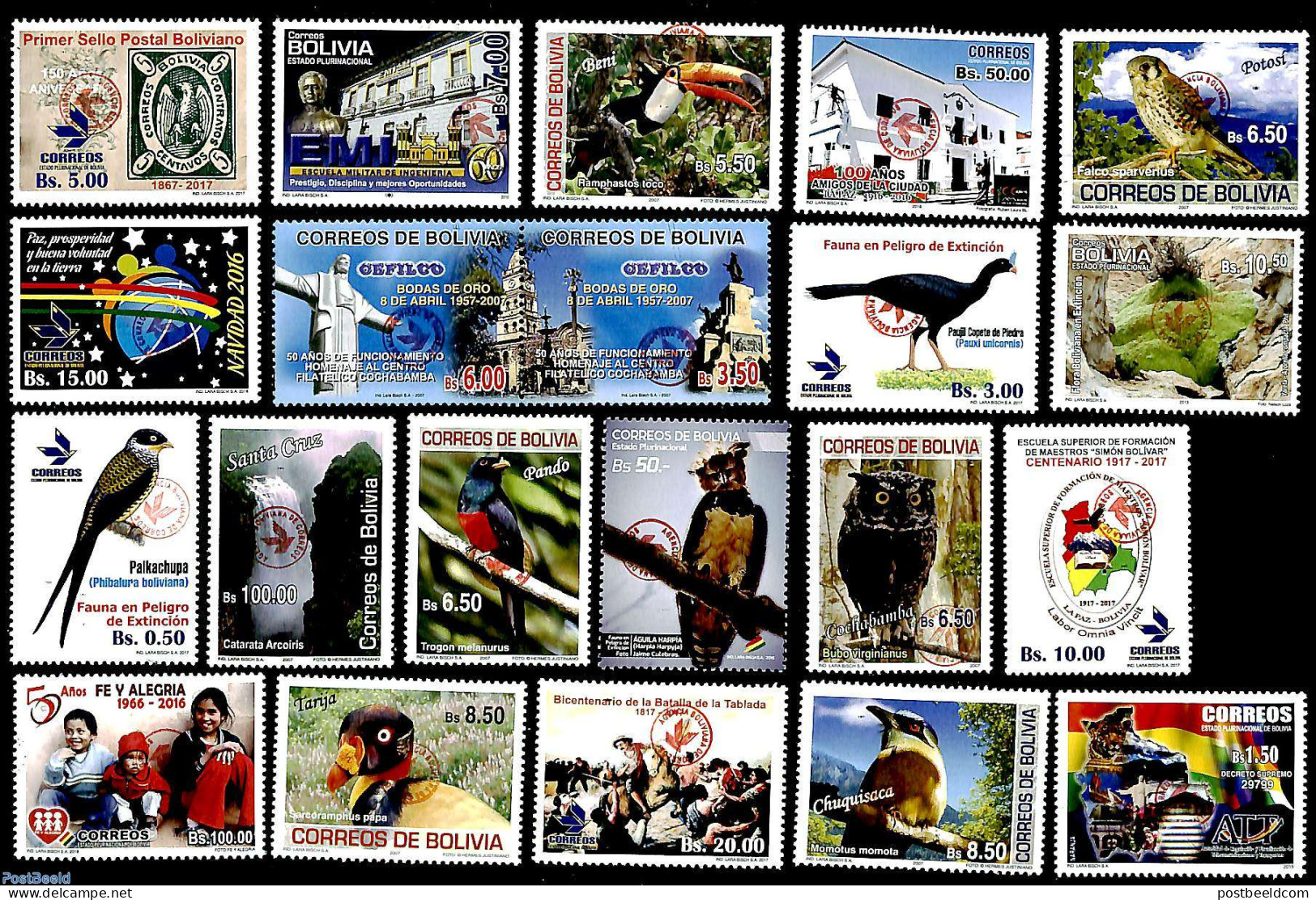 Bolivia 2018 Overprints 21v, Mint NH, Nature - Birds - Owls - Stamps On Stamps - Francobolli Su Francobolli