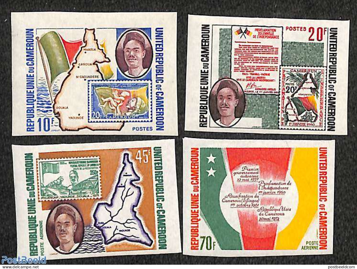 Cameroon 1973 United Republic 4v,  Imperforated, Mint NH, Various - Stamps On Stamps - Maps - Stamps On Stamps