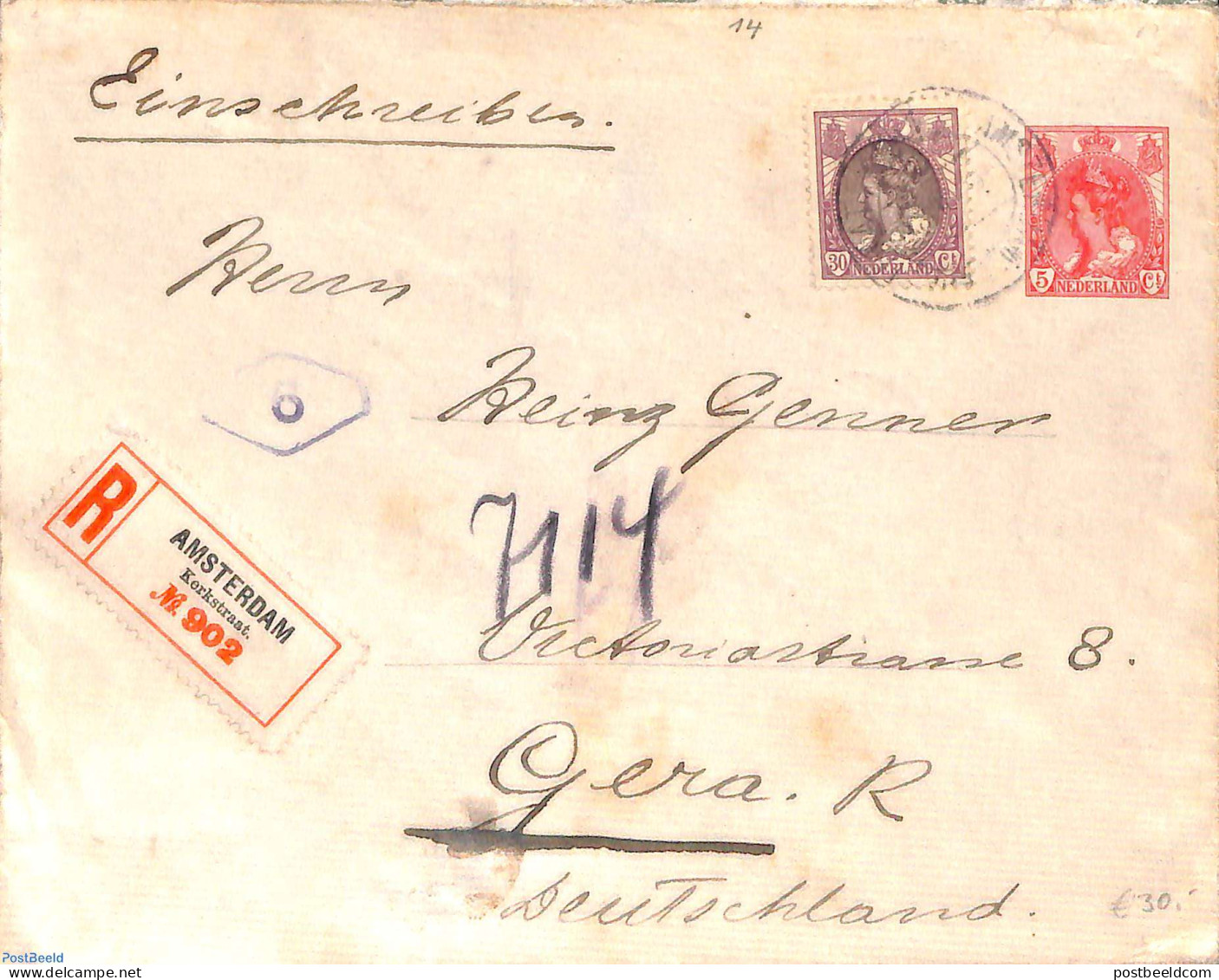 Netherlands 1919 Envelope 5c, Uprated To Registered Mail From Amsterdam To Gera (D), Used Postal Stationary - Brieven En Documenten