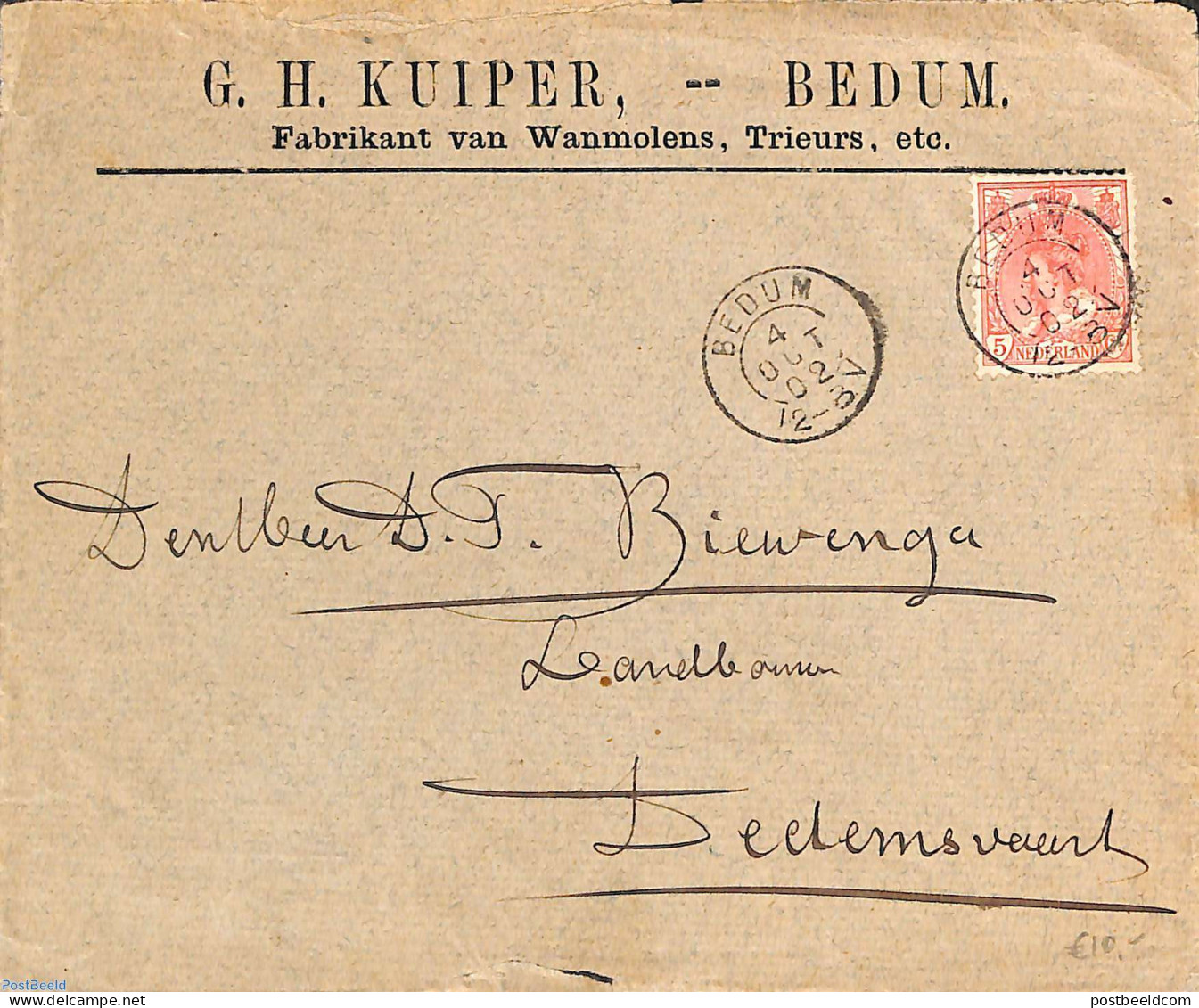 Netherlands 1902 Commercial Letter G.H. Kuiper From BEDUM To Dedemsvaart (kleinrond), Postal History - Covers & Documents