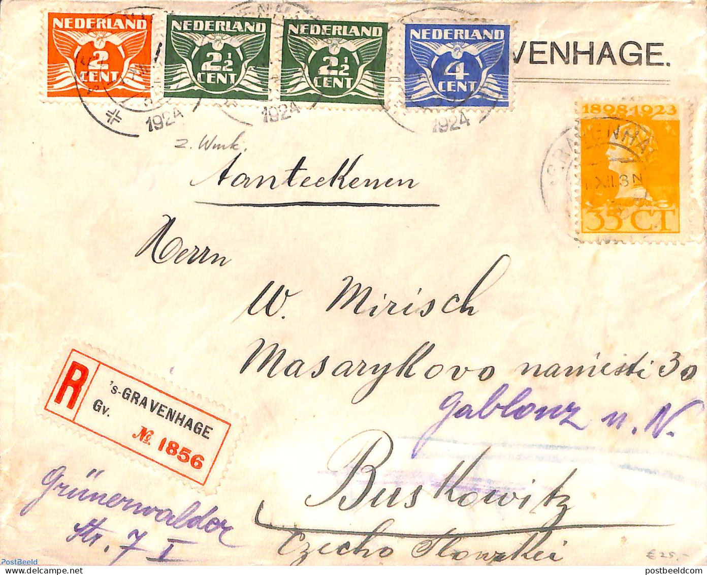 Netherlands 1924 REgistered Letter From 's-Gravenhage To Buskowitz, Postal History - Brieven En Documenten