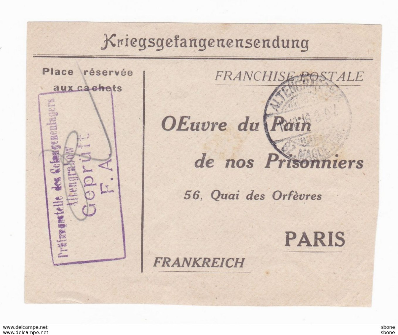Carte Postale En Franchise Militaire 1914 1918 - Oeuvre Du Pain De Nos Prisonniers - Storia Postale