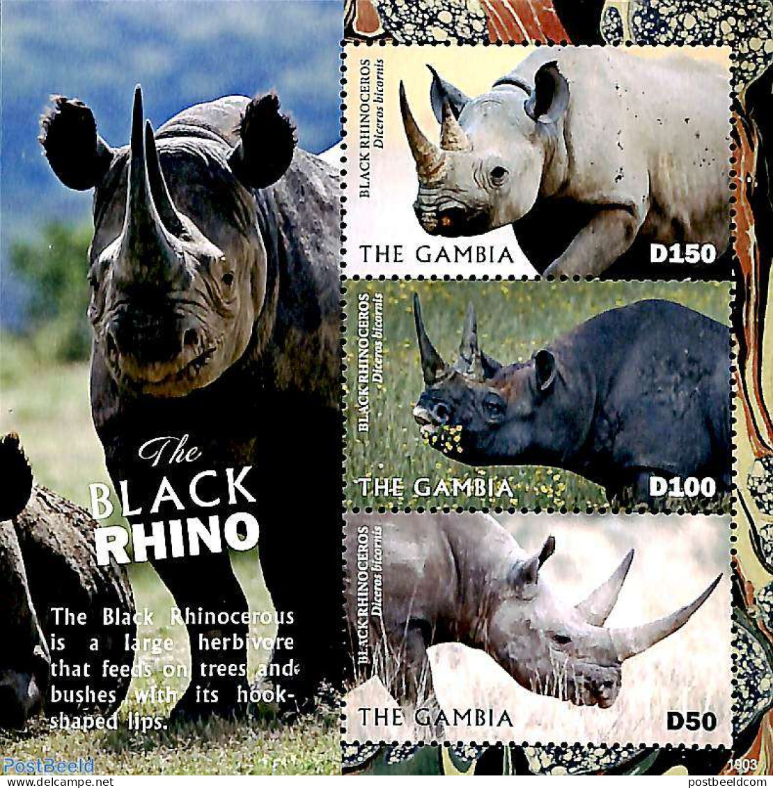 Gambia 2019 Black Rhino 3v M/s, Mint NH, Nature - Animals (others & Mixed) - Rhinoceros - Wild Mammals - Gambia (...-1964)