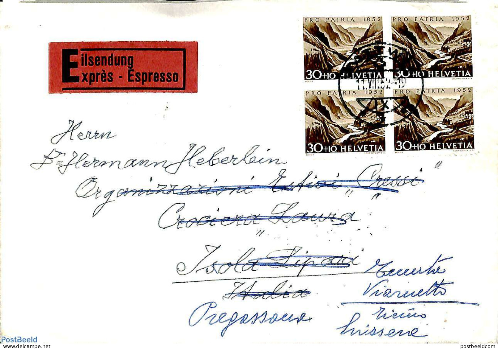 Switzerland 1952 Express Letter From WATTWIL To Isola Lipari, Forwarded To Pregassond, Postal History - Covers & Documents