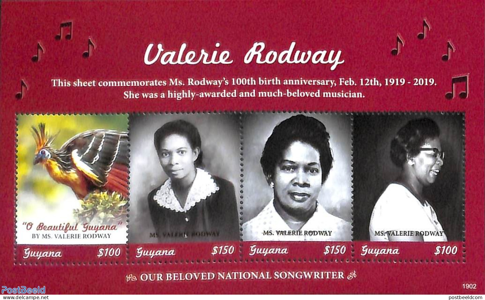 Guyana 2019 Valerie Rodway 4v M/s, Mint NH, Nature - Performance Art - Birds - Music - Música
