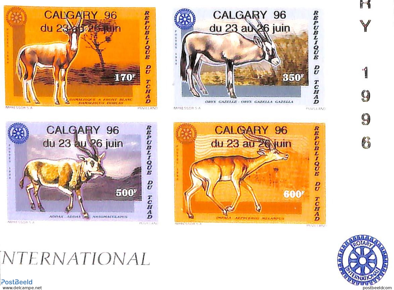 Chad 1996 Overprints Calgary 96 4v, Imperforated, Mint NH, Nature - Various - Animals (others & Mixed) - Philately - R.. - Sonstige & Ohne Zuordnung